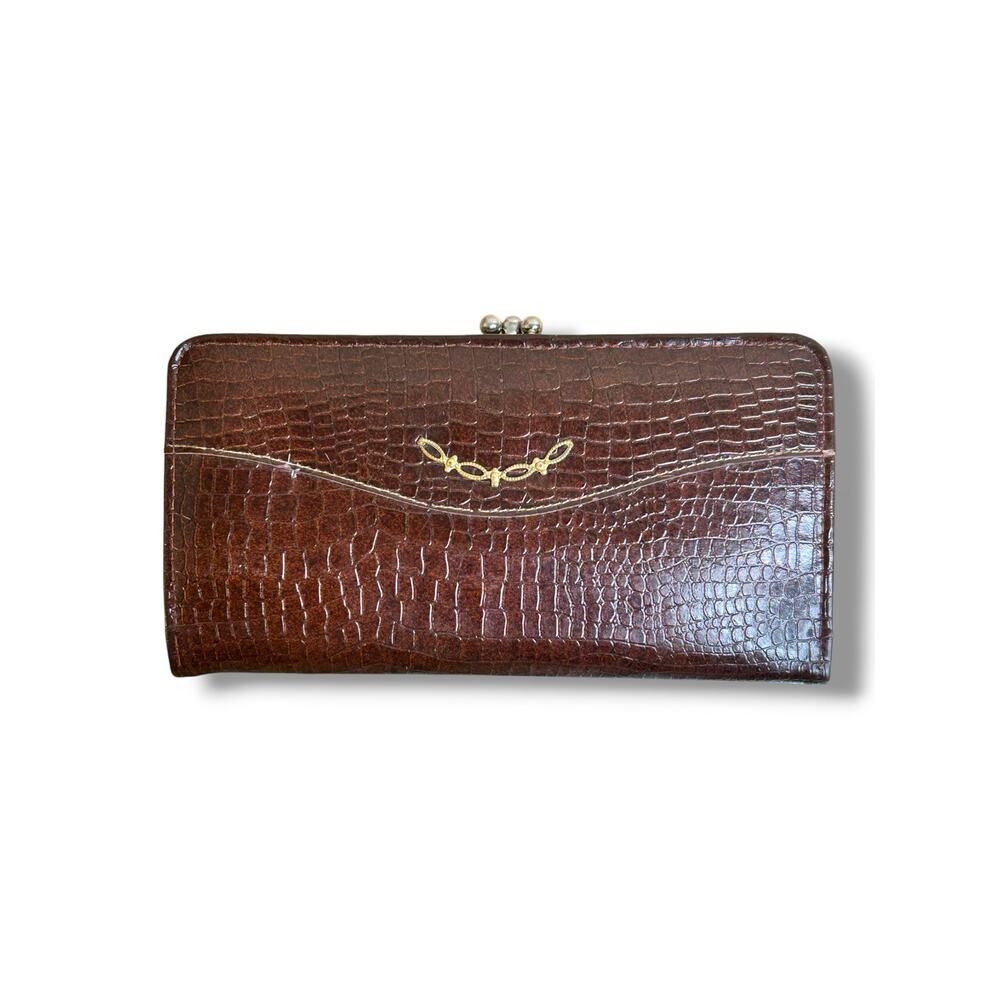 Vintage Mid Century Dark Brown Croc Embossed Clutch Wallet Gold Tone Kiss Lock